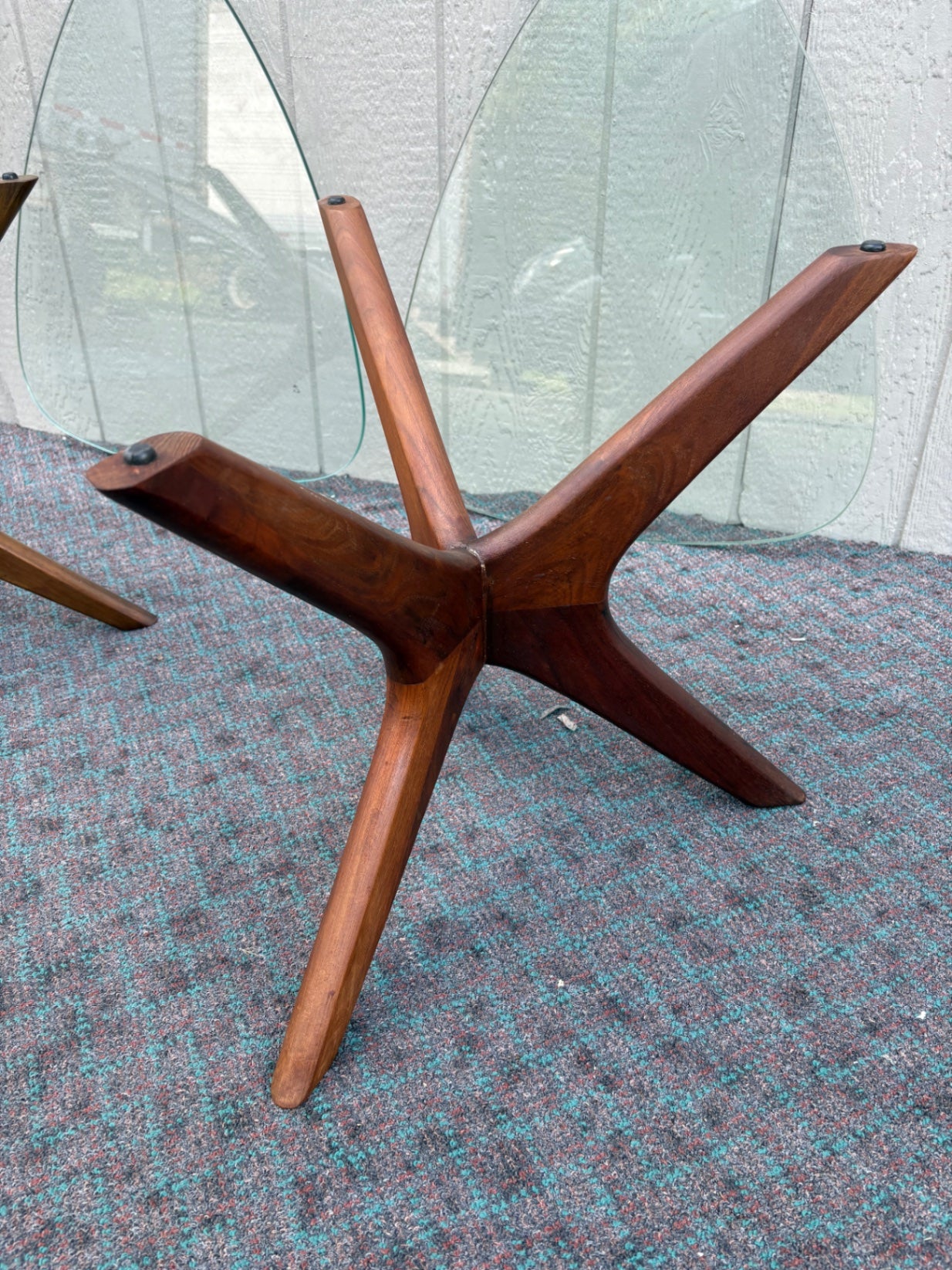 68052 Mid-Century Modern Glass Top Coffee Table with Sculptural Wood Base