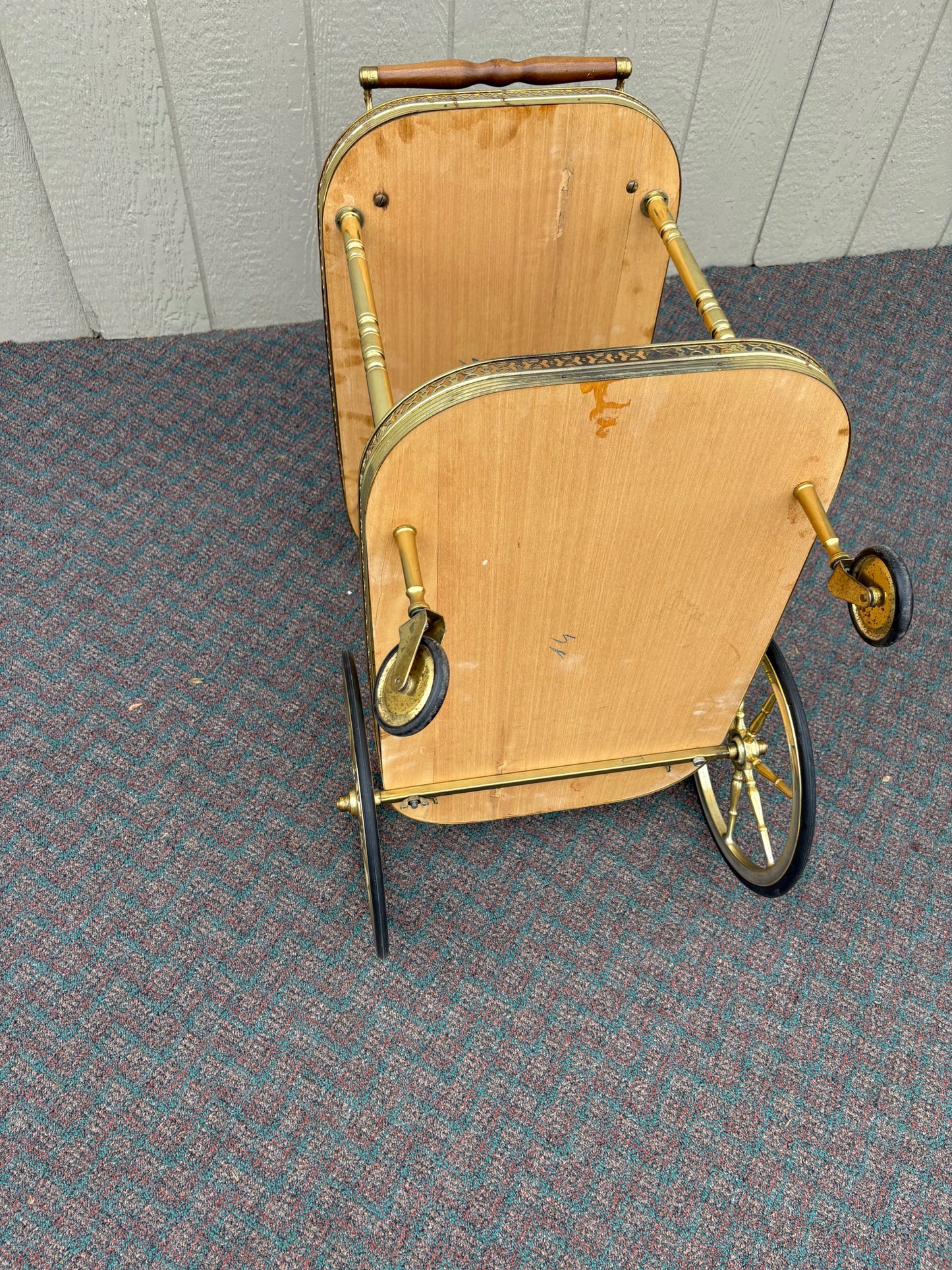 67707 Italian Mid-Century Inlaid Wood and Brass Bar Cart with Floral Motif