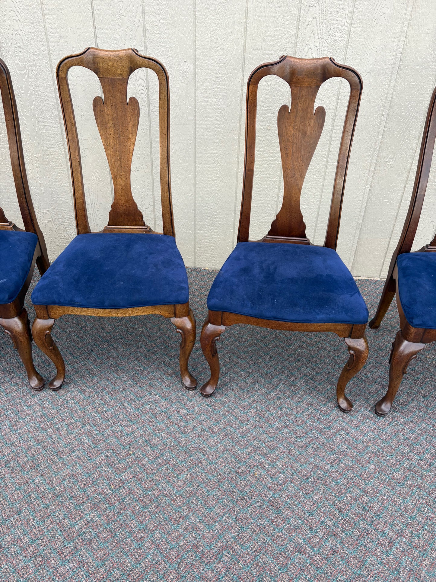 67644 Set of 6 John Stuart Queen Anne Dining Chairs in Walnut and Blue Upholstery
