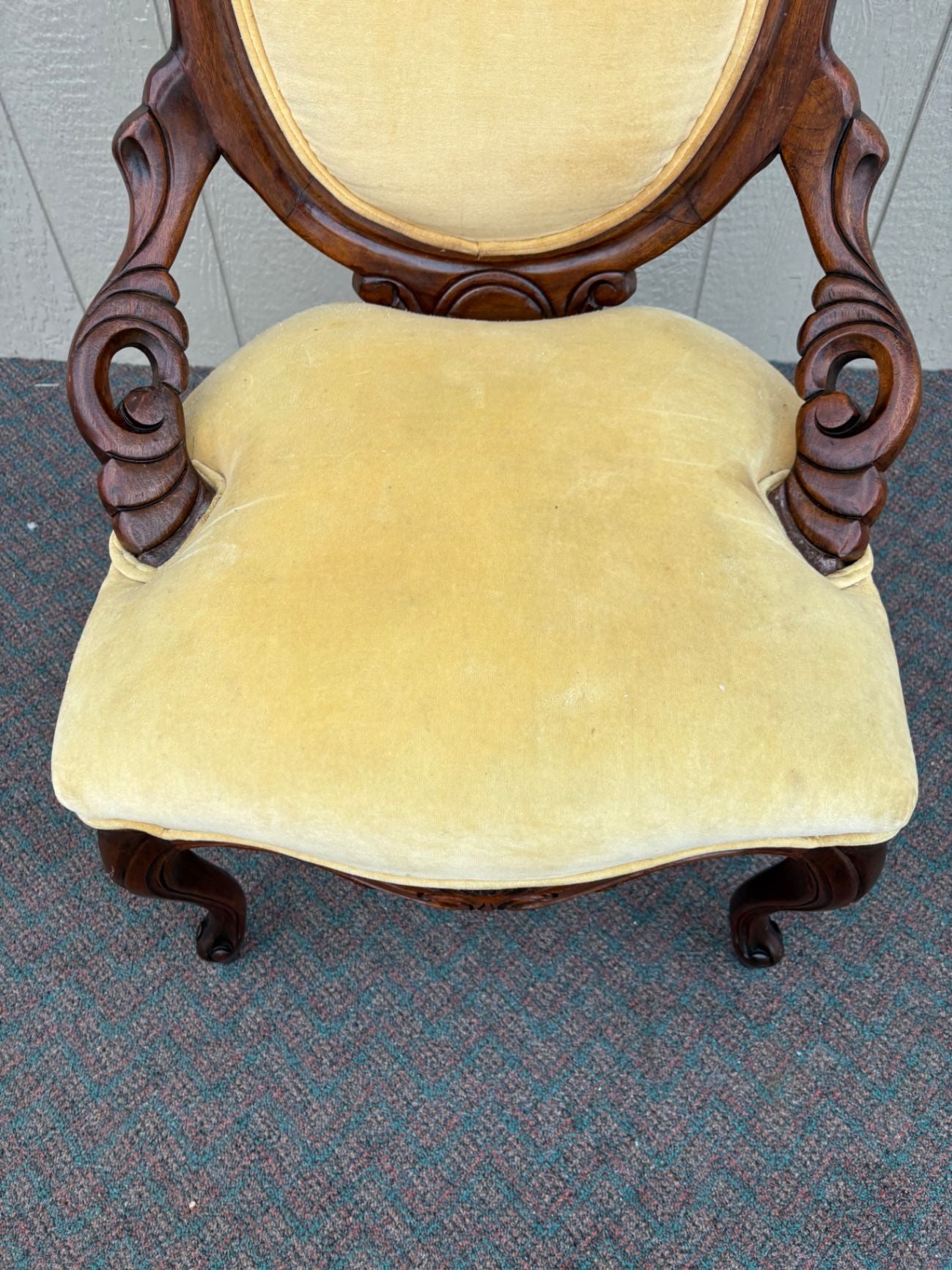 67445 Victorian Carved Mahogany Chair with Yellow Upholstery