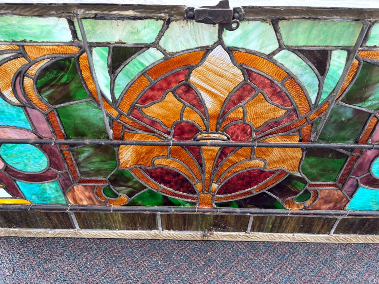 67487 Antique Art Nouveau Stained Glass Window with Floral Motif