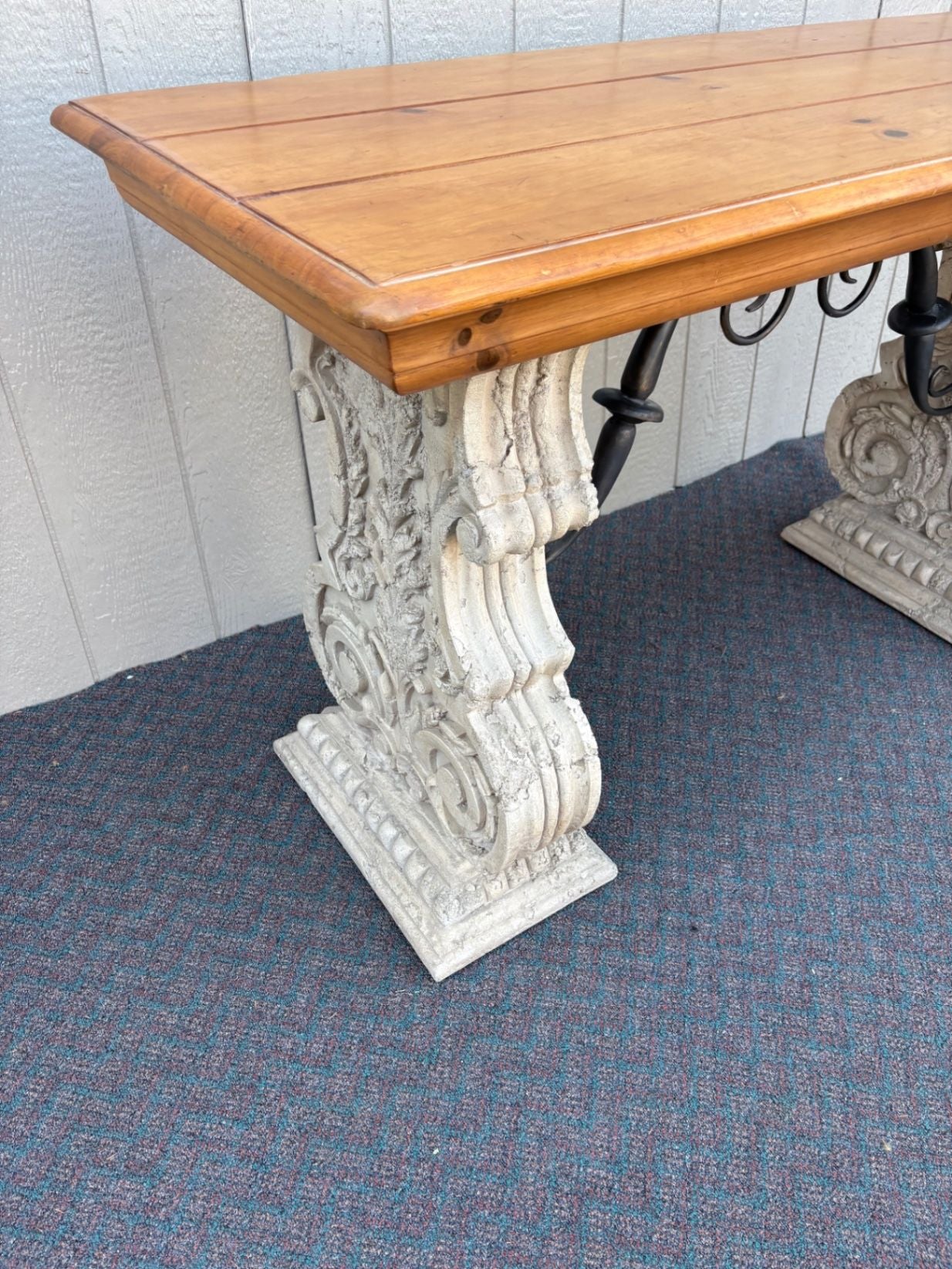67646 Rustic Console Table with Carved Stone Base and Iron Accents
