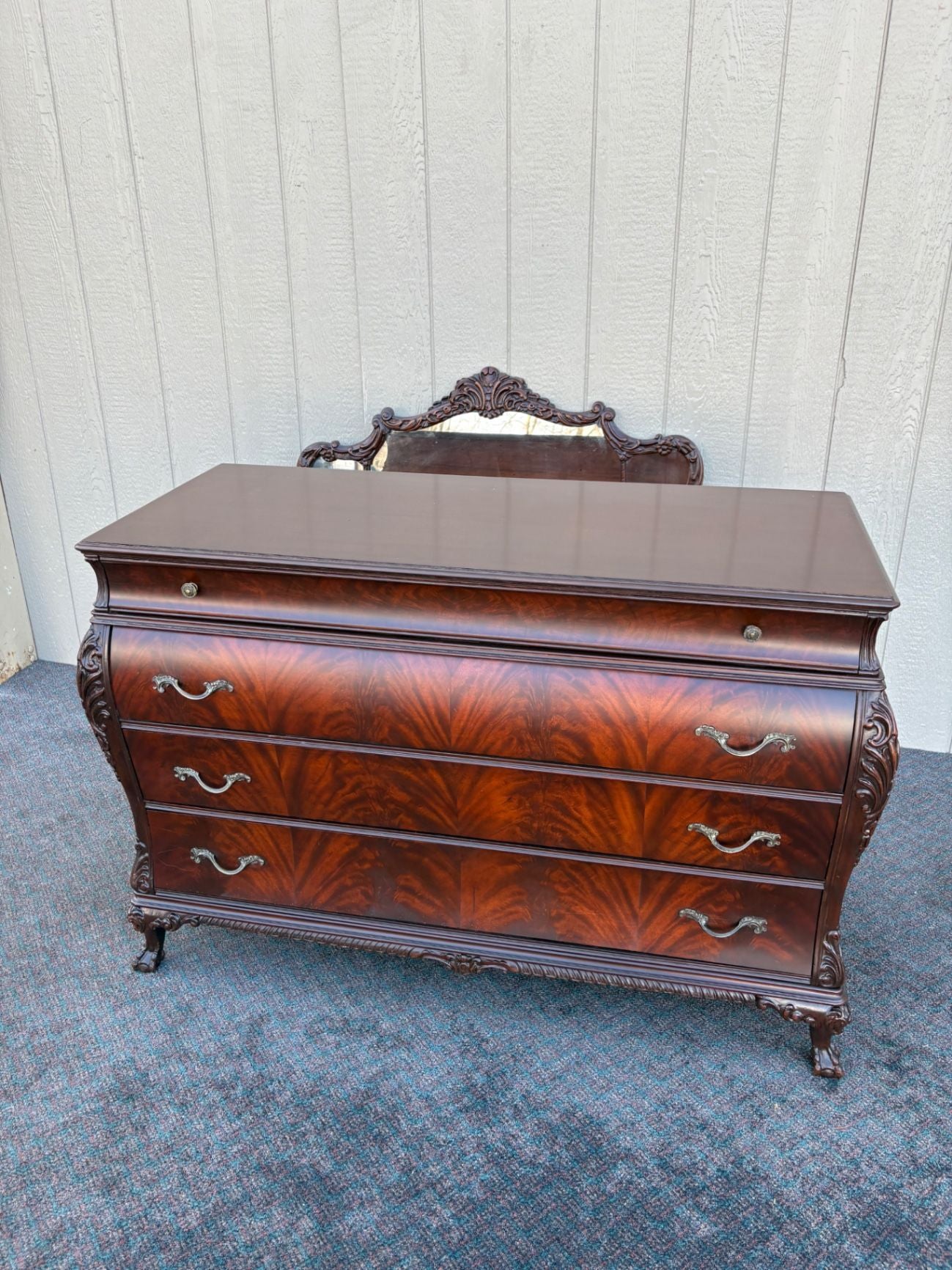 67492 Antique Flame Mahogany Dresser with Ornate Mirror