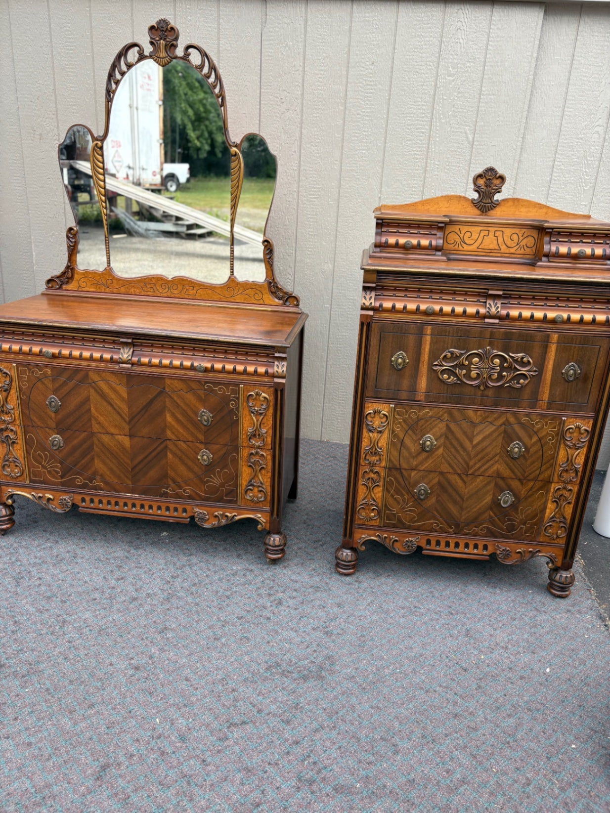 67898 Art Deco High Chest with Intricate Carved Details and Veneer