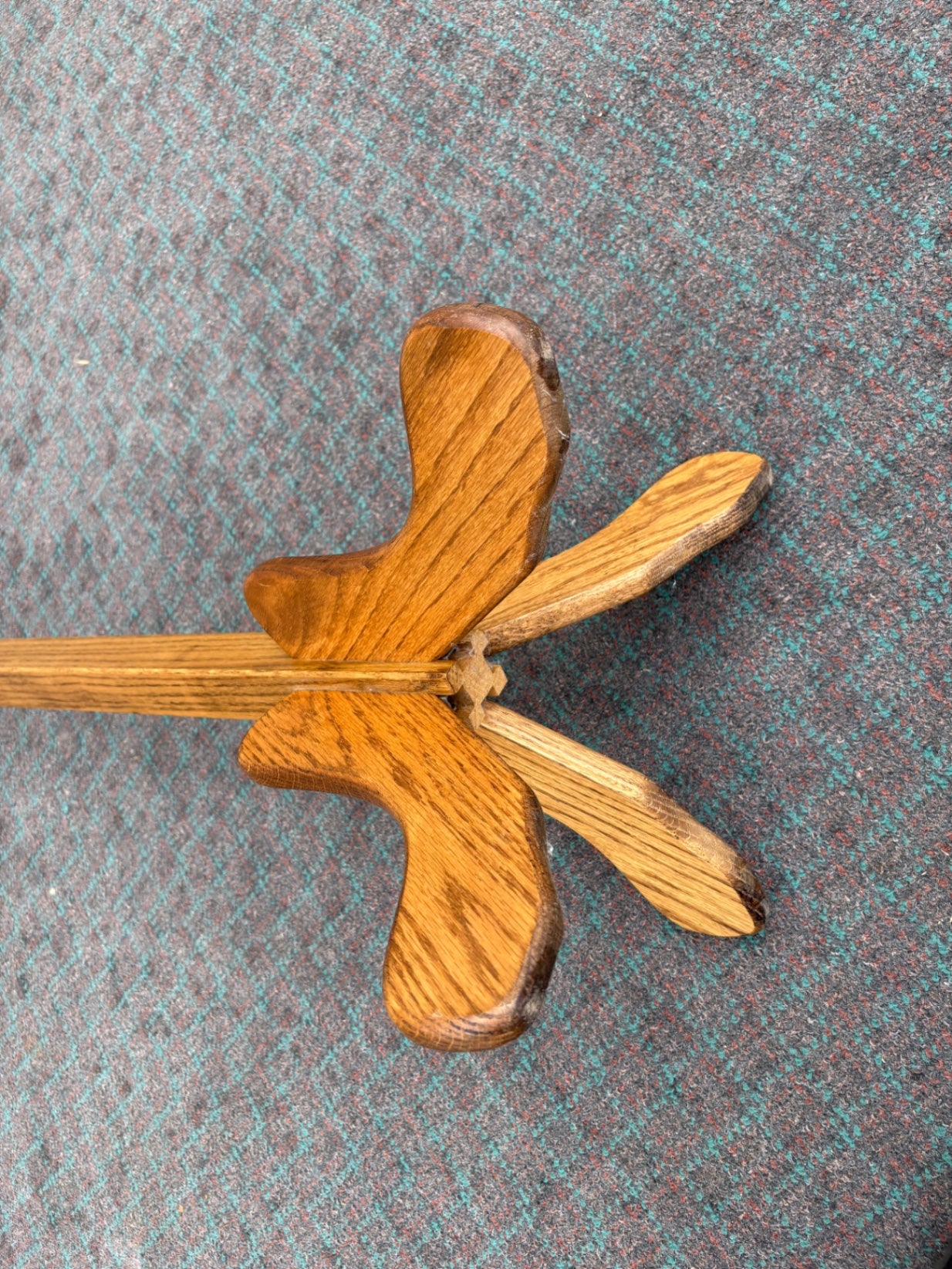 68113 Vintage Oak Coat Tree with Brass Hooks and Ceramic Accents
