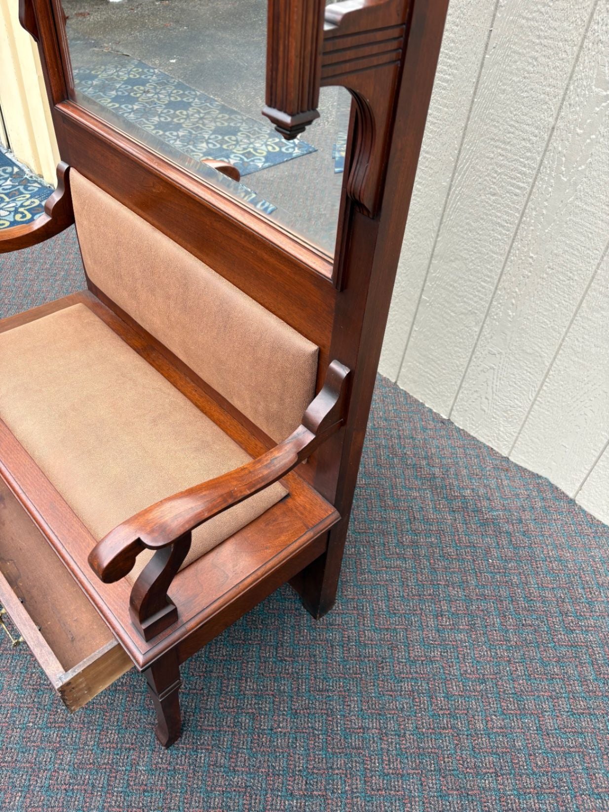 67402 Victorian Hall Seat with Mirror and Brass Hooks in Mahogany