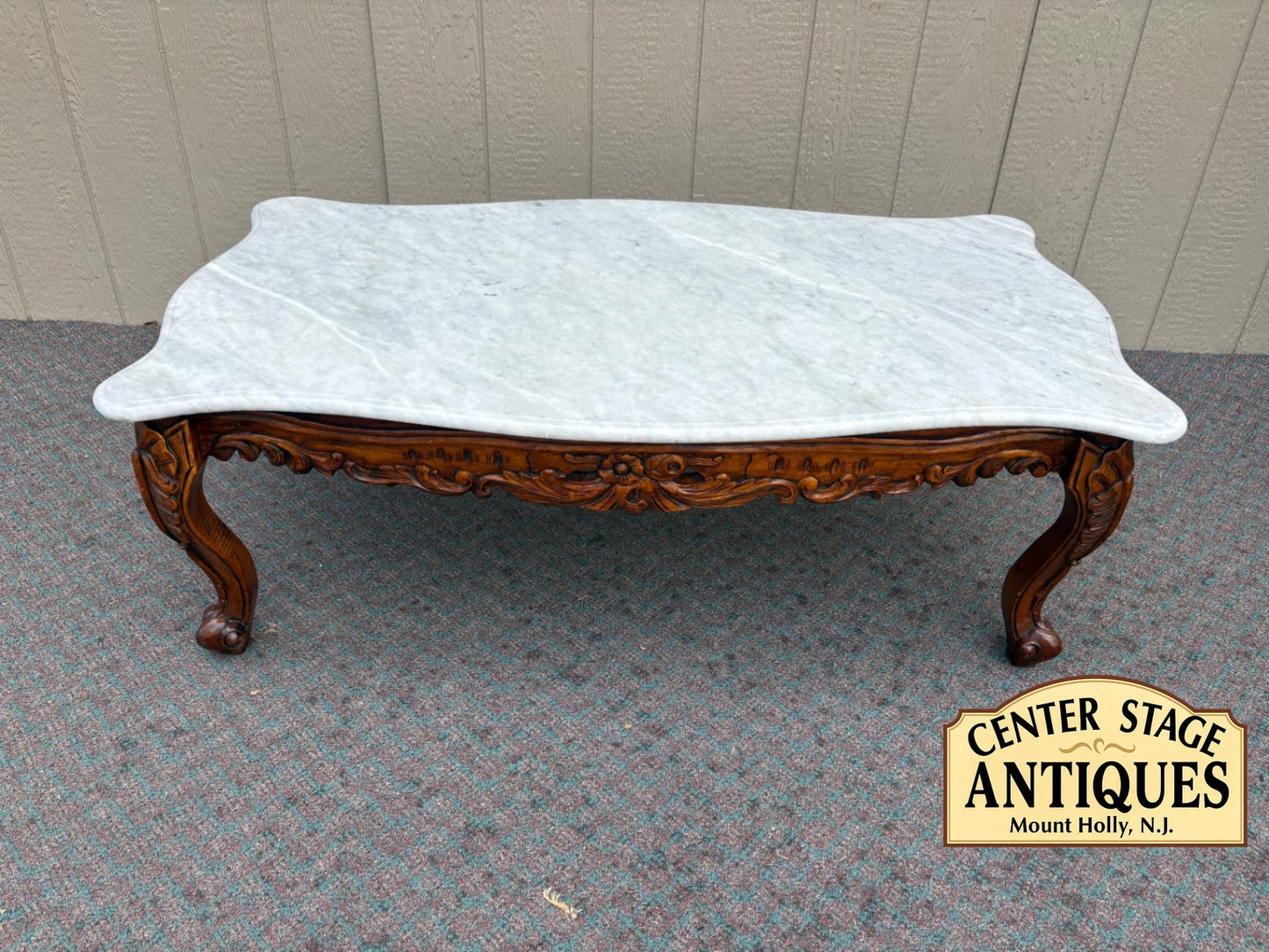 67904 Antique French Carved Coffee Table with Marble Top