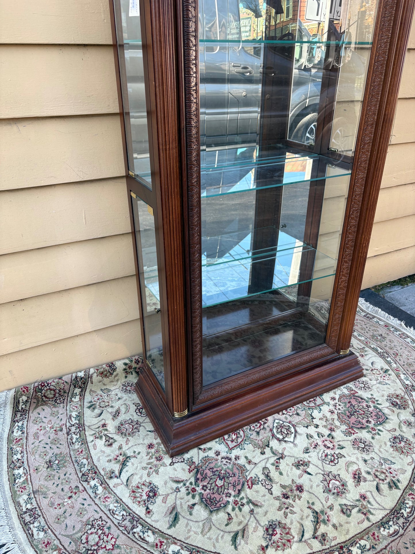67786  Elegant Mahogany Curio Cabinet with Glass Shelves and Lighting