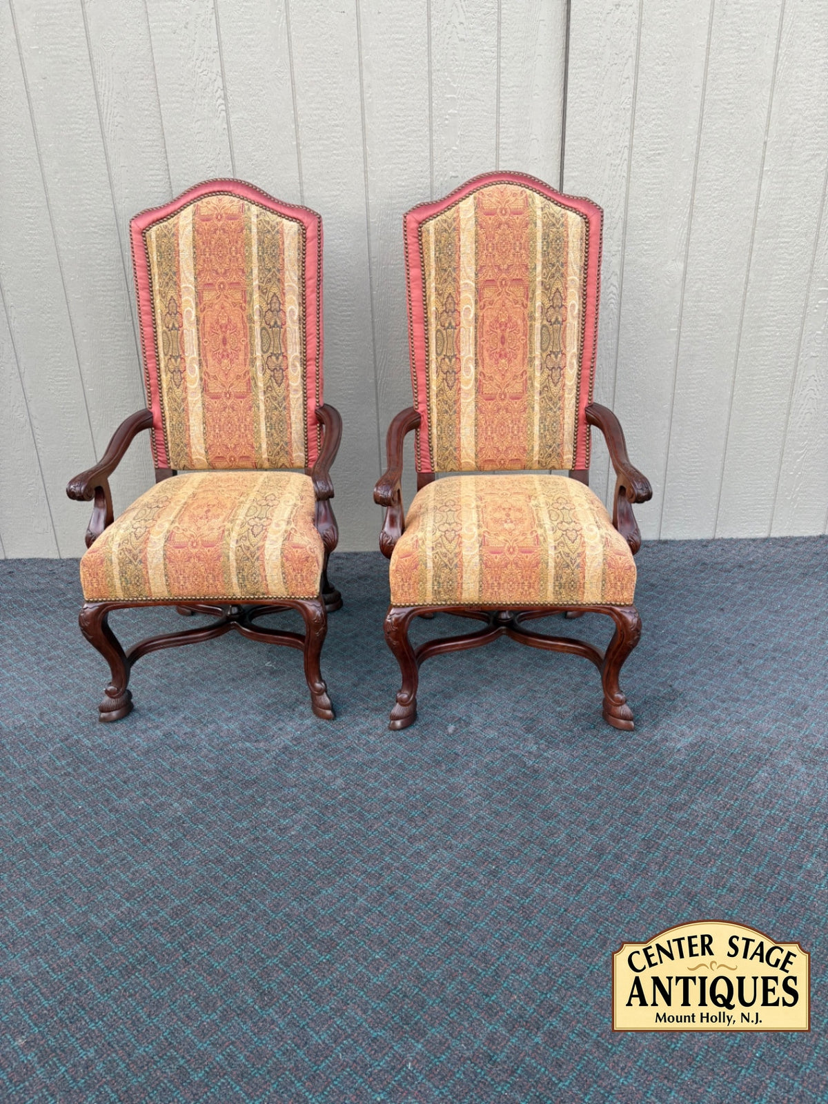 68163 Pair of Vintage Throne Armchairs with Ornate Upholstery
