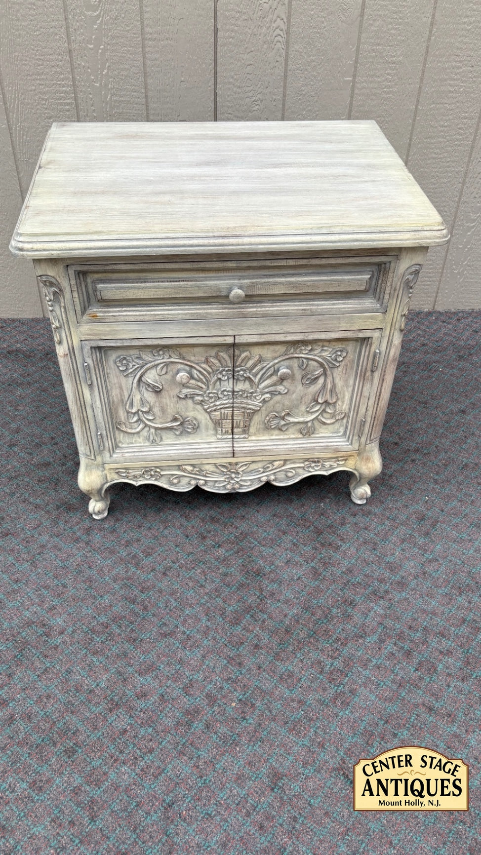 68068 French Provincial Nightstand with Carved Details and Distressed Finish