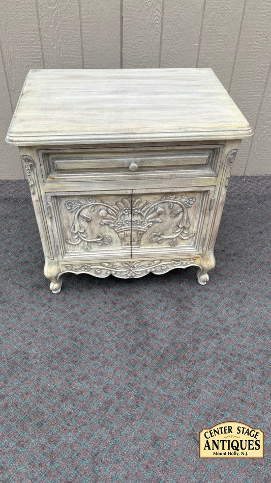 68068 French Provincial Nightstand with Carved Details and Distressed Finish