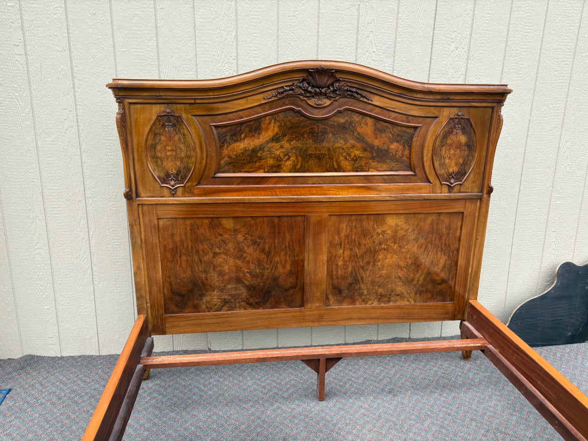 Antique French Queen Bed with Burl Walnut Panels and Carvings