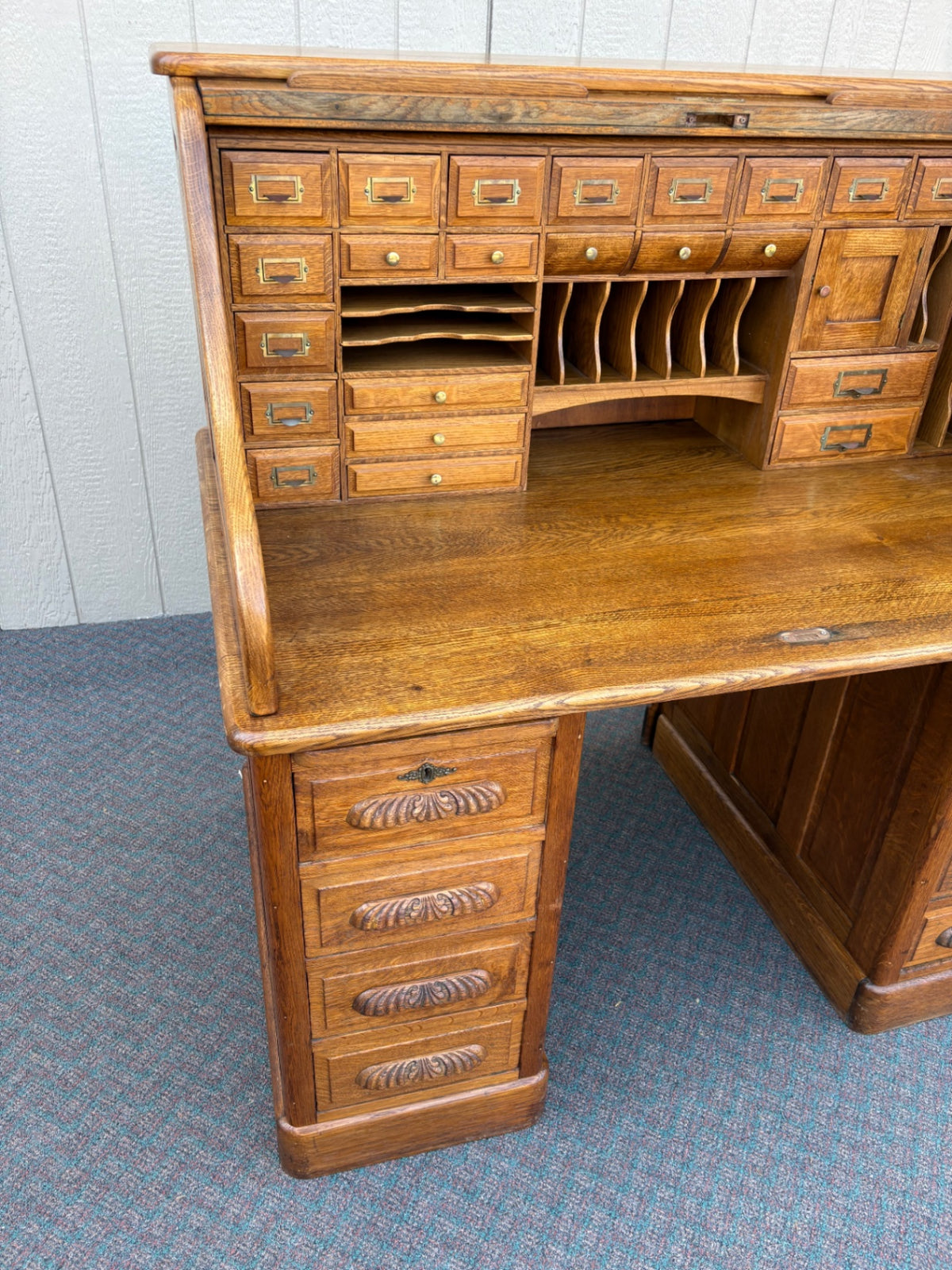 68012 Antique Oak Roll Top Desk with Brass Hardware and Storage