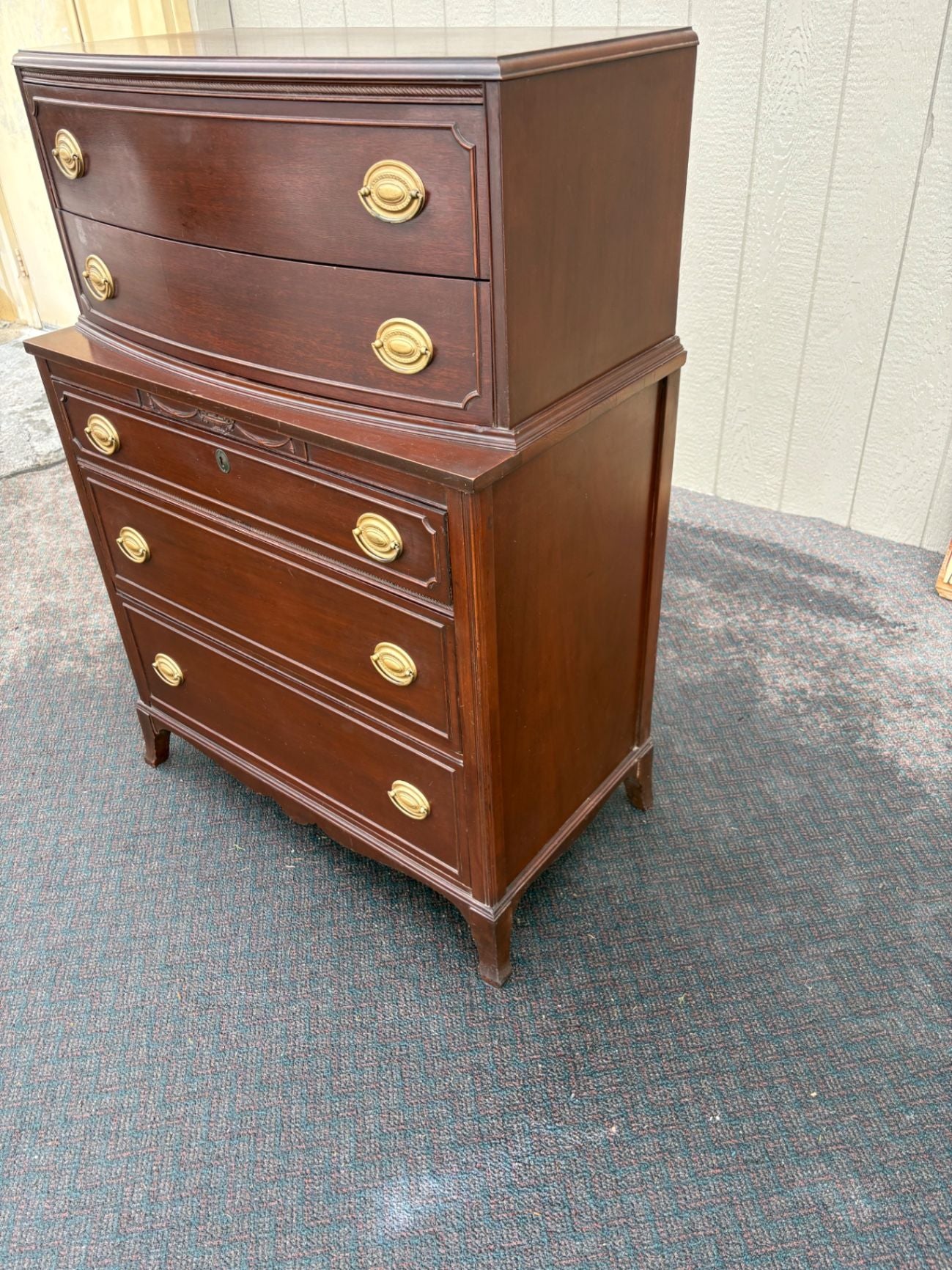 67461 Vintage Mahogany Bow Front High Chest Dresser with Brass Pulls