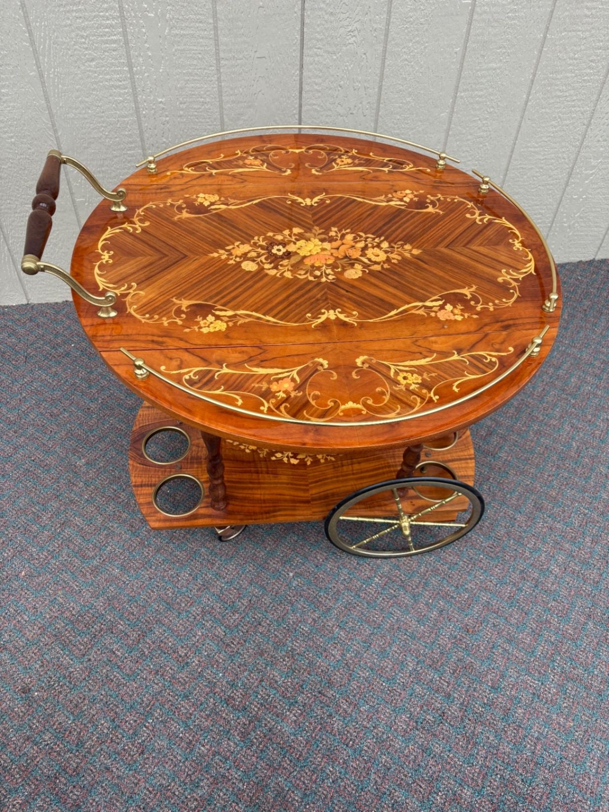 67588  Italian Inlaid Wood Tea Cart with Floral Marquetry and Brass Accents