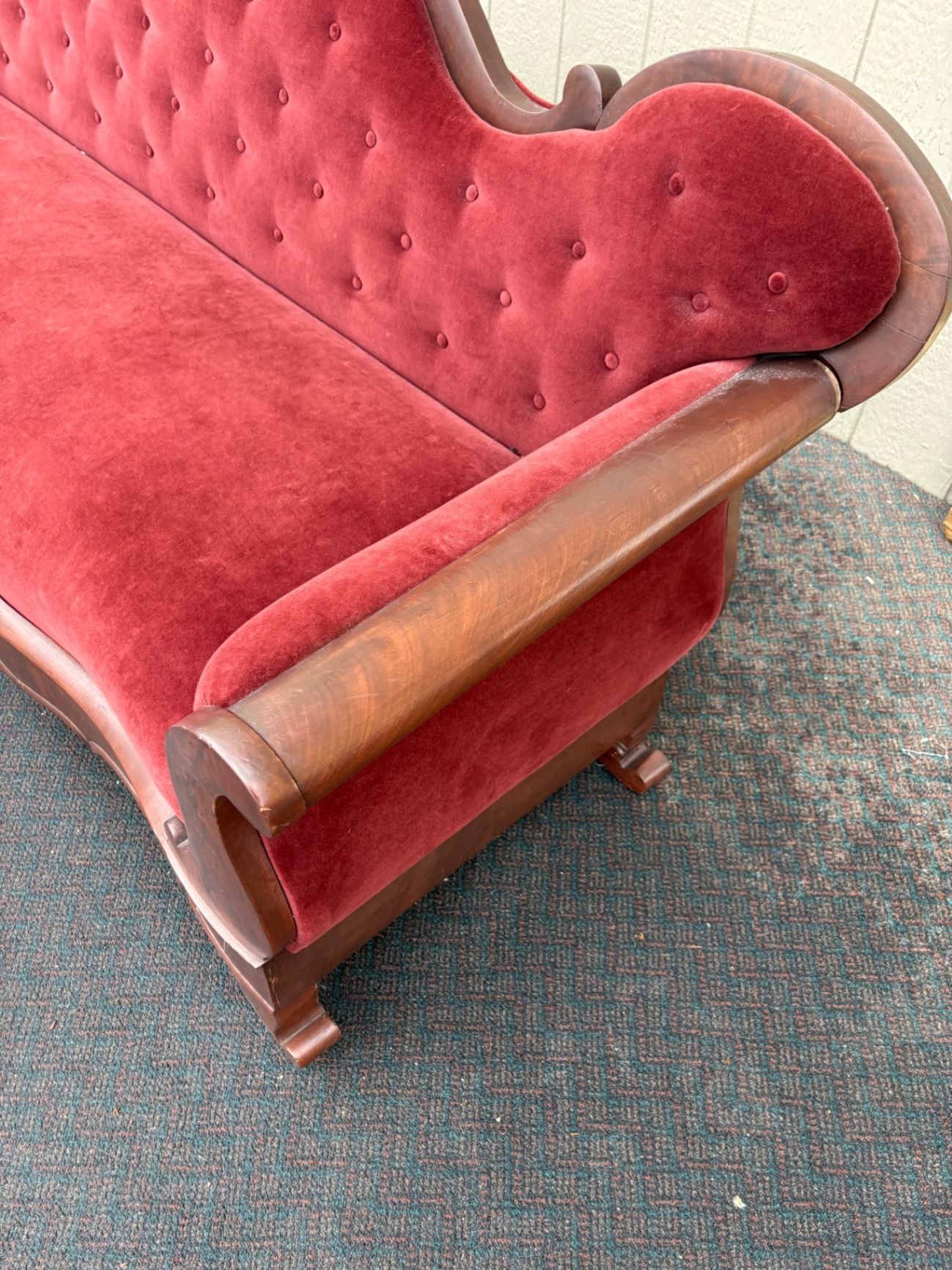 67490  Antique Empire Sofa with Red Velvet Upholstery and Carved Wood