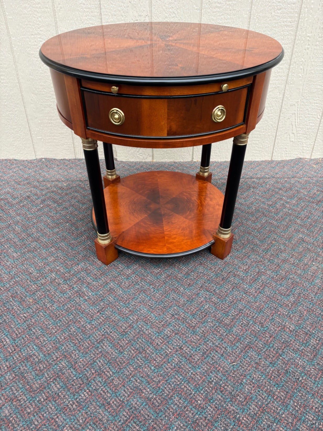 67823 Elegant Century Round Side Table with Cherry Veneer and Brass Accents