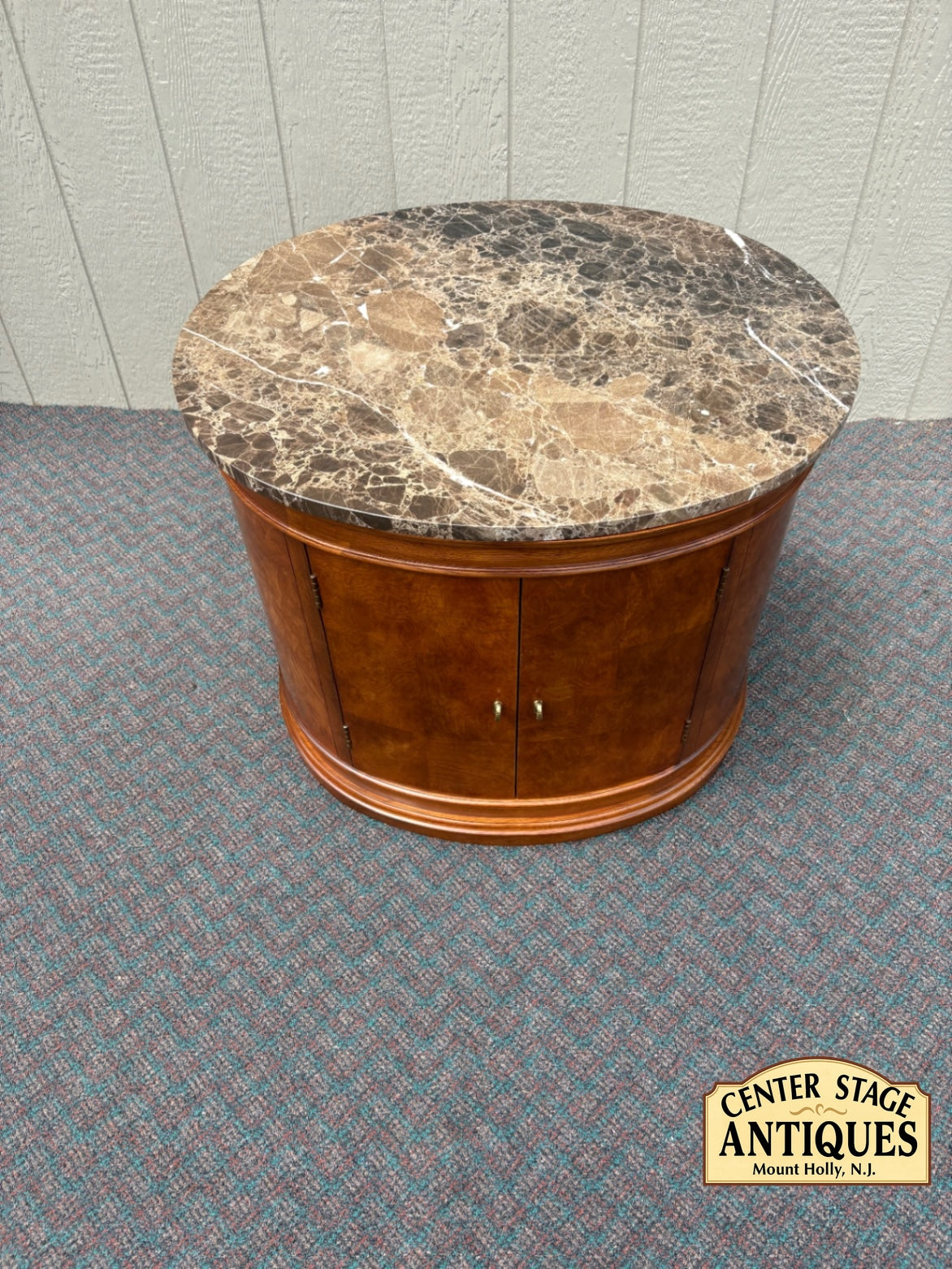 67824 Elegant Oval Marble Top Side Table with Storage Cabinet