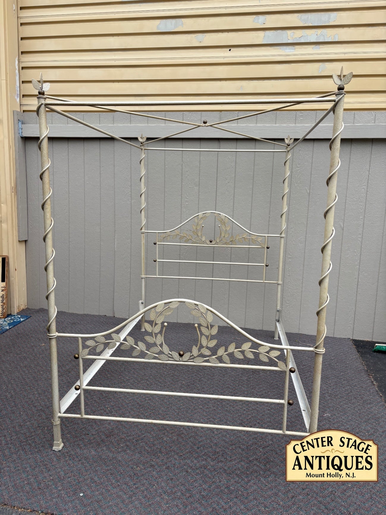Vintage Iron Queen Size Canopy Bed with Leaf Motifs