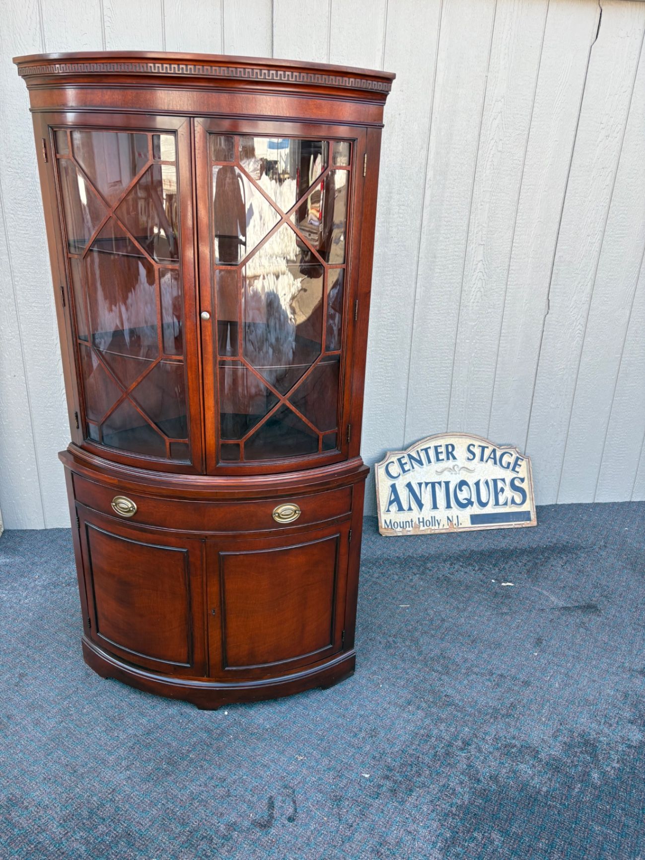 67479  Mahogany Corner Cabinet with Glass Doors and Brass Hardware