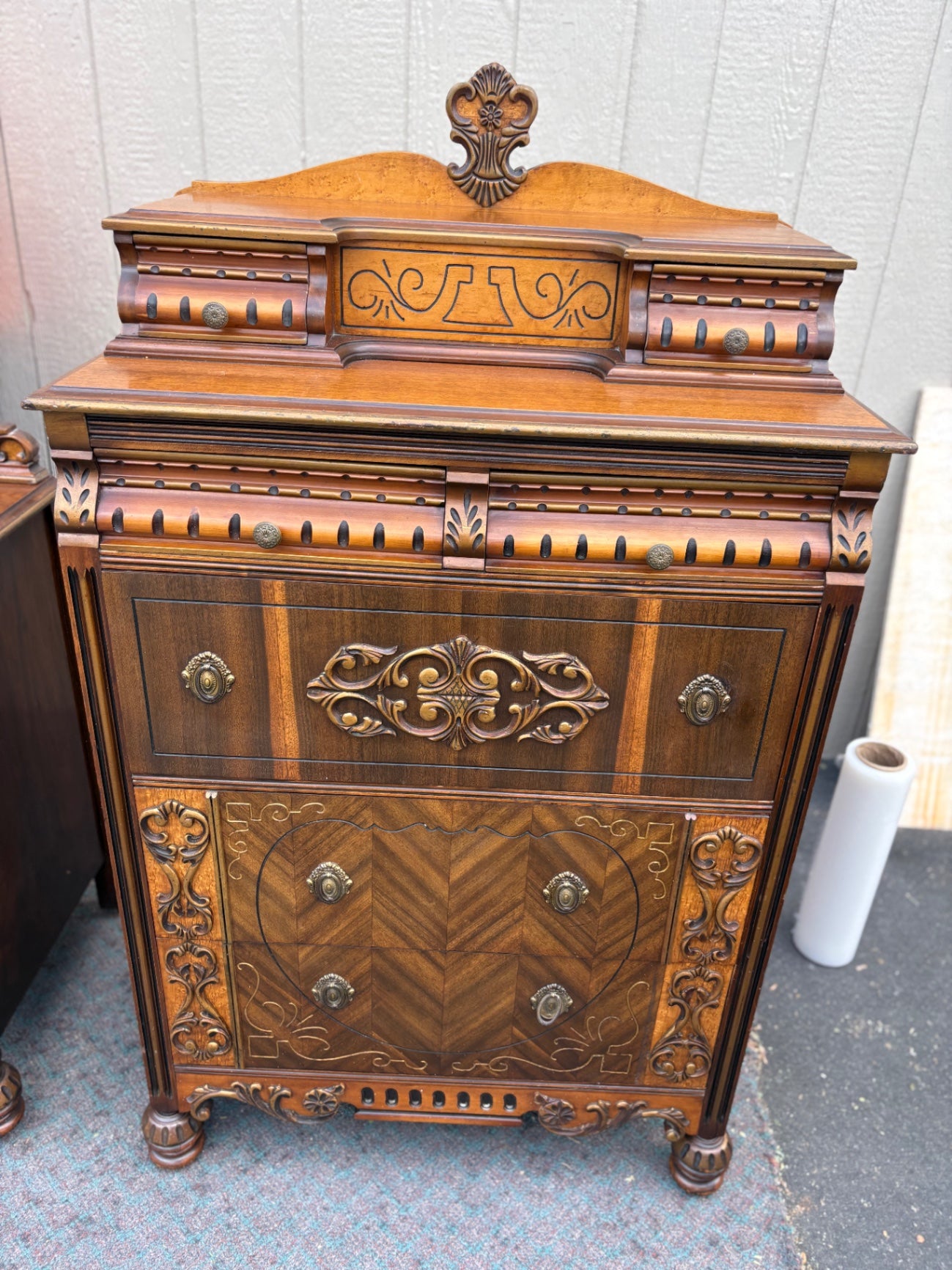 67898  Art Deco High Chest with Intricate Carved Details and Veneer