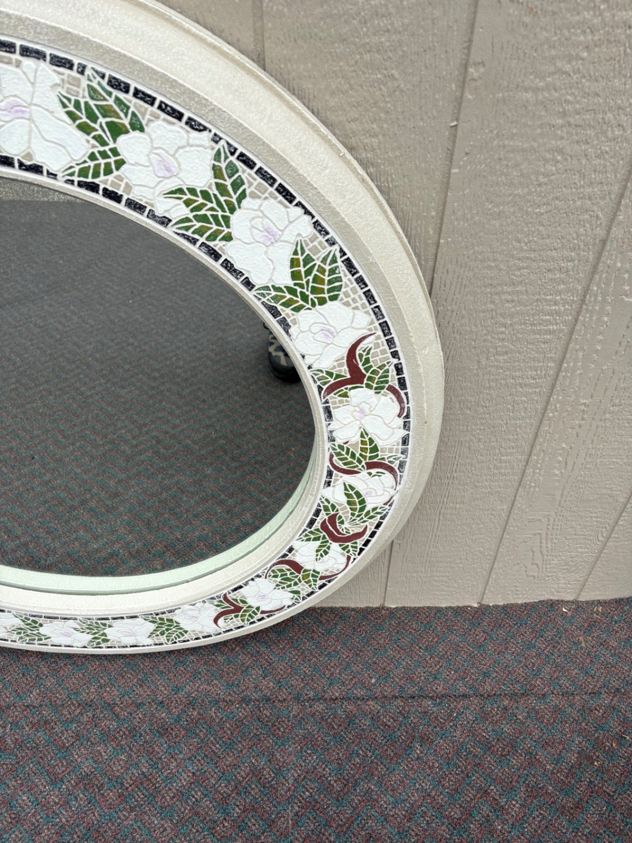 67830 Large Round Floral Mosaic Wall Mirror with White and Green Accents