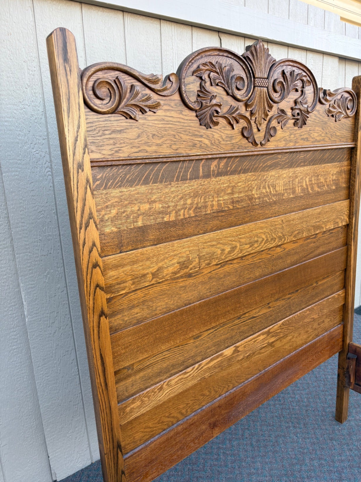 67793 Victorian Oak Full Size Bed Frame with Carved Details
