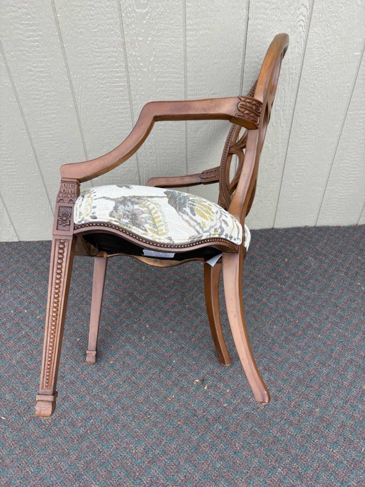 67658 Ethan Allen Carved Armchair with Floral Upholstery