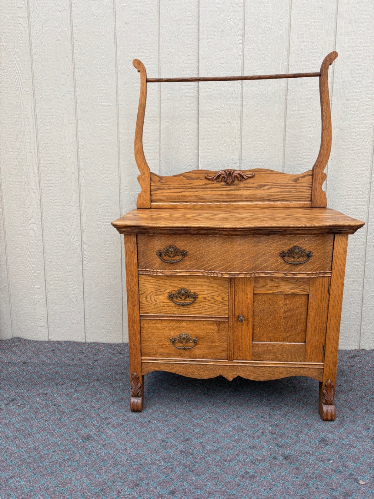 68035 Victorian Oak Washstand with Towel Rail and Carved Details