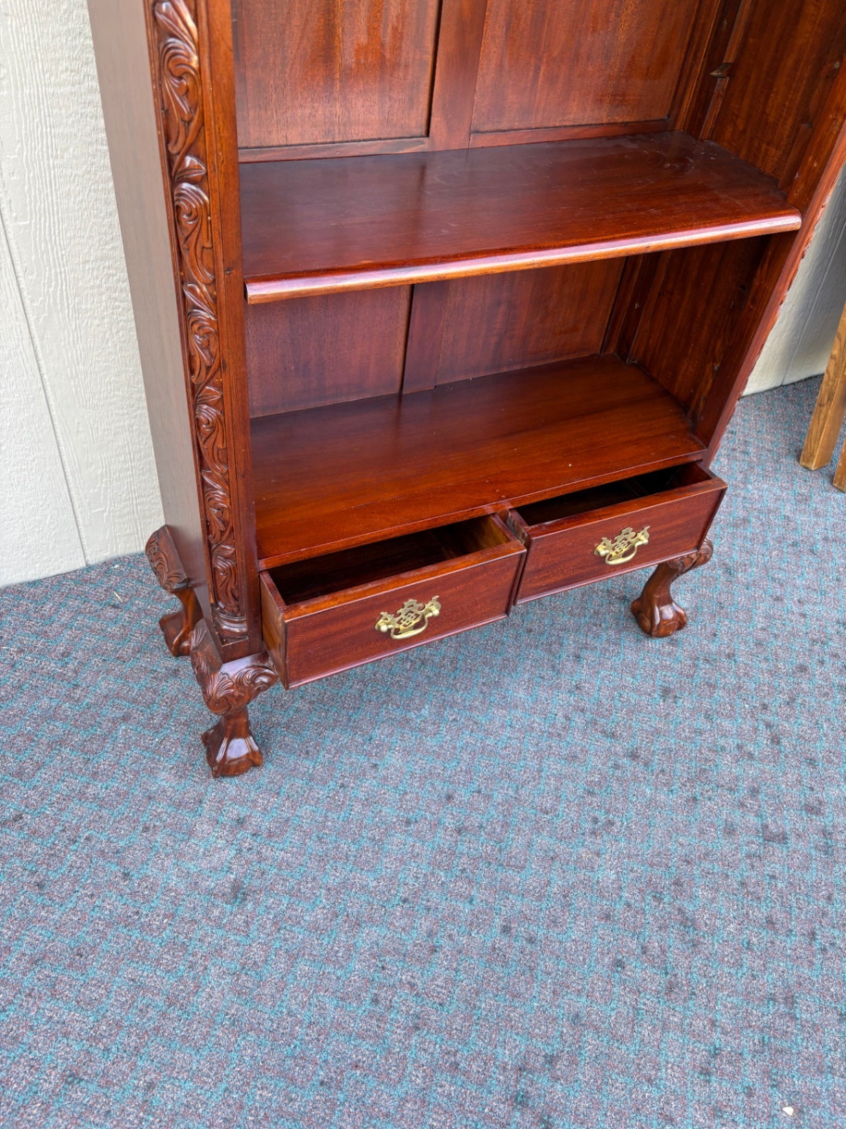 67941 Ornate Mahogany Chippendale Bookcase with Claw Feet and Drawers