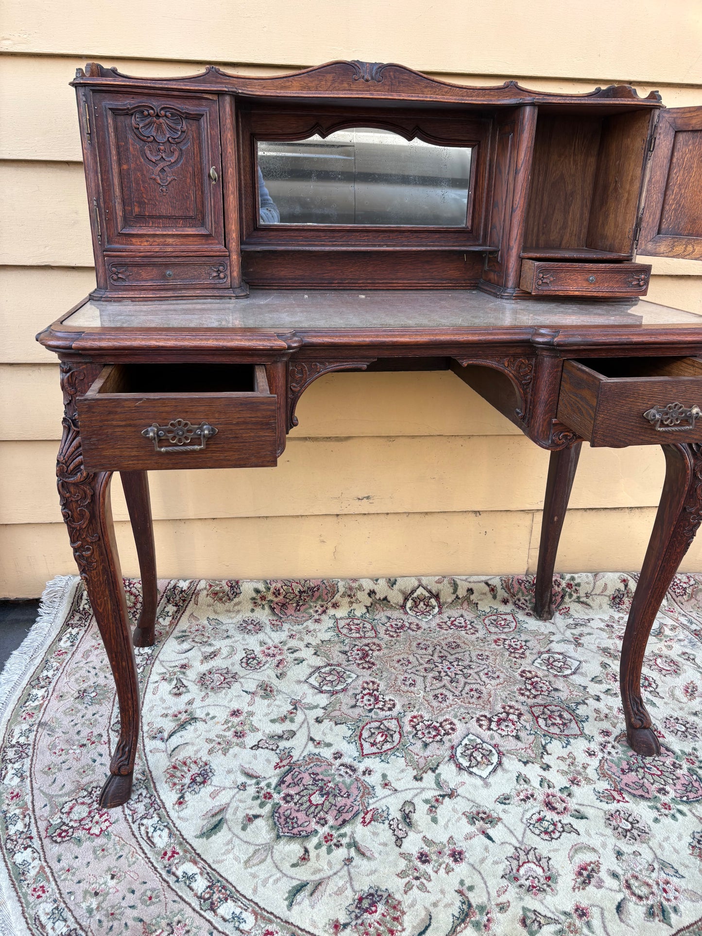 67783 Antique French Louis XV Style Oak Writing Desk with Mirror