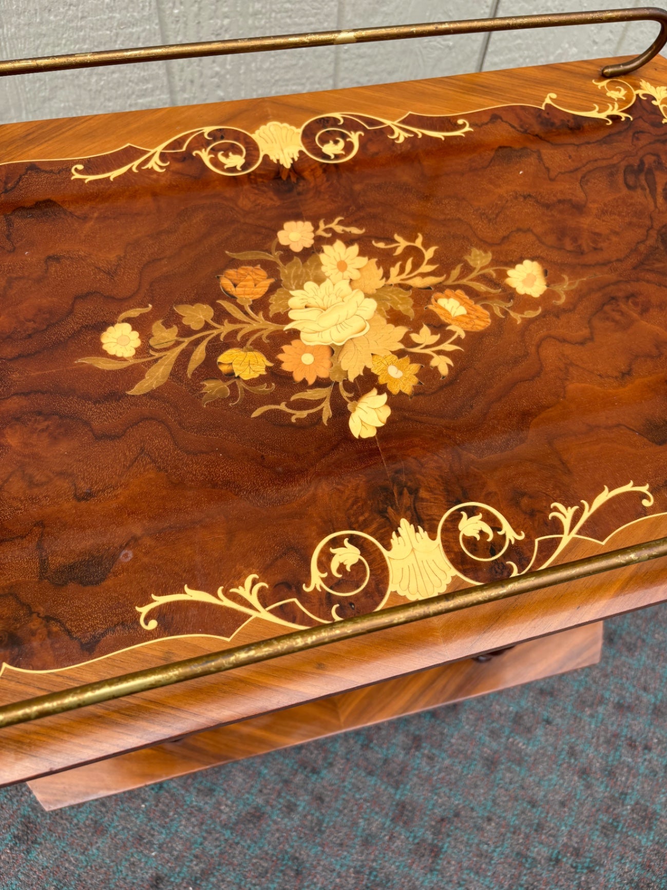 Italian Inlaid Wood Bar Cart with Floral Marquetry and Brass Accents