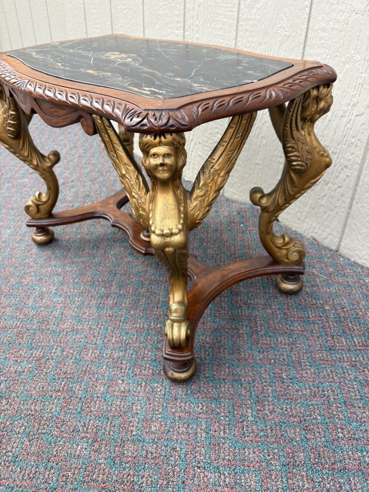 67619 Elegant Figural Carved Coffee Table with Marble Top Winged angel