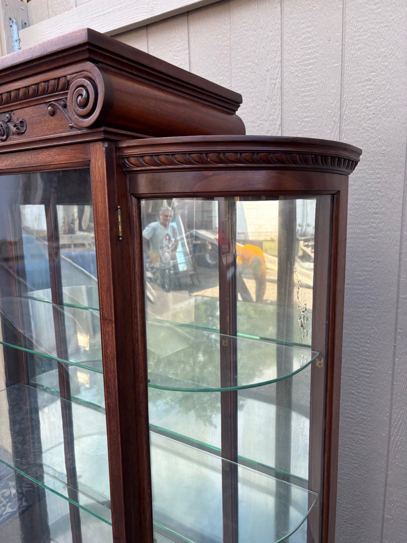 68015 Antique Bow Glass China Cabinet with Carved Mahogany Details