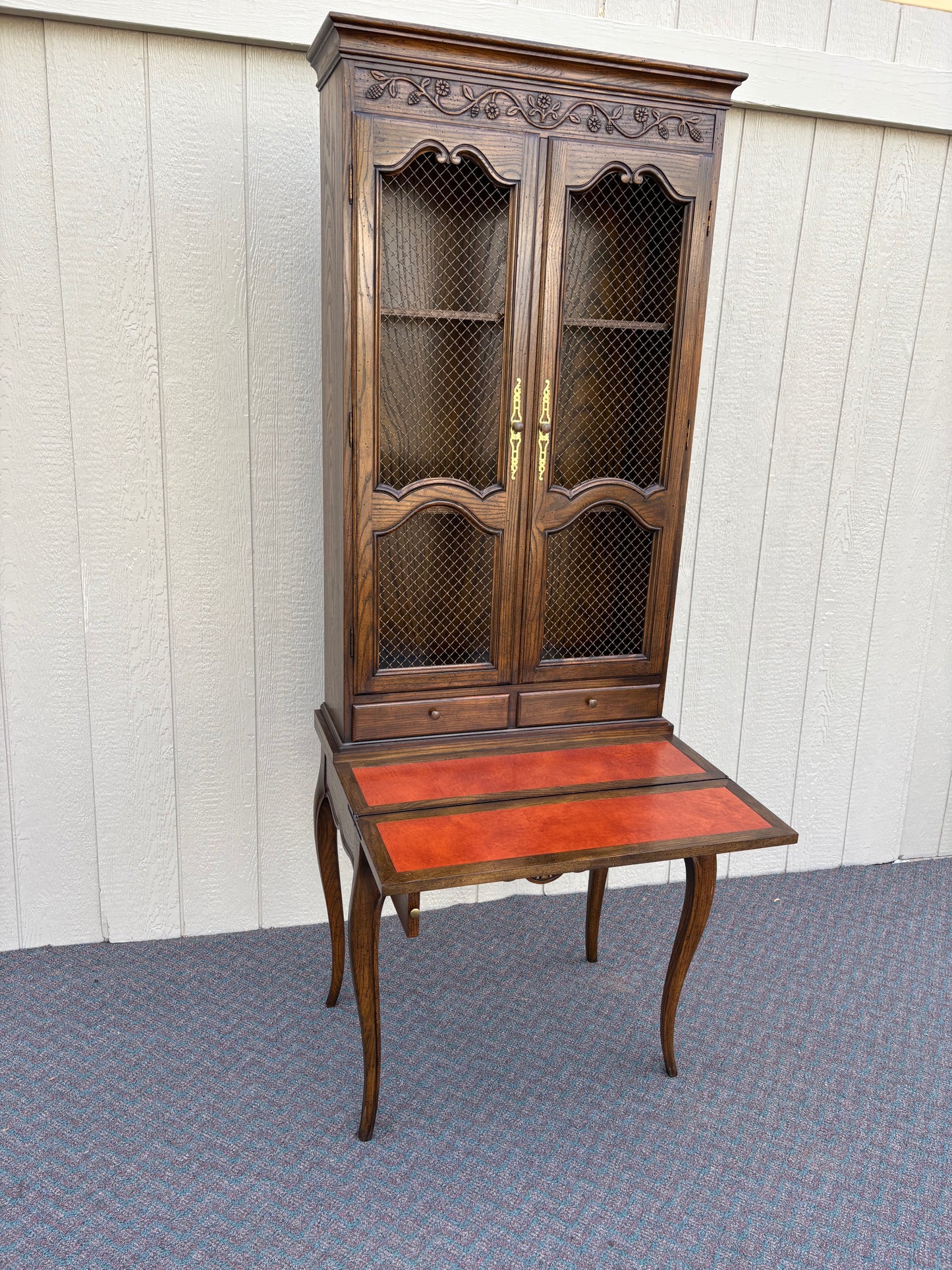67743 Baker French Provincial Secretary Desk with Hutch, Wood and Leather