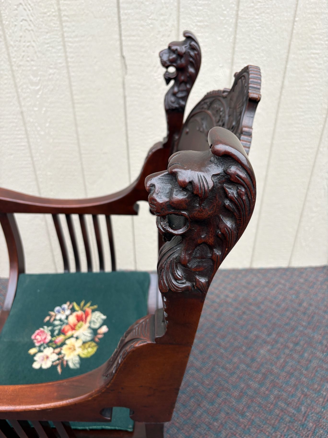67546 Victorian Mahogany Lion Armchair with Intricate Carvings