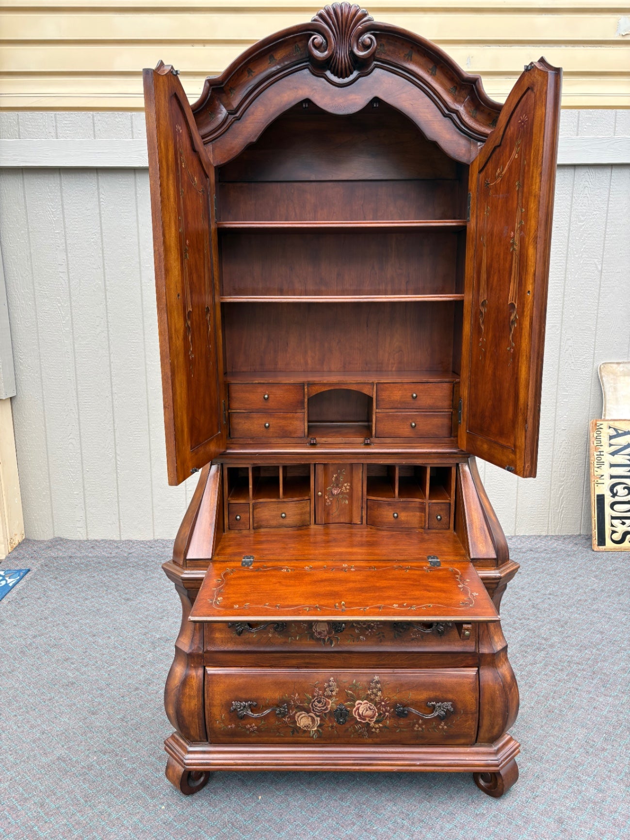 Ethan Allen Hand-Painted Secretary Desk with Hutch, Floral Motif