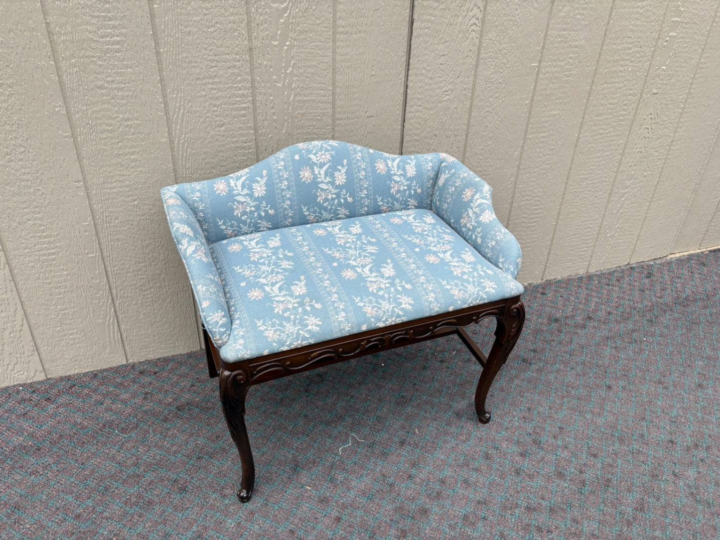 Vintage Carved Mahogany Vanity Bench with Blue Floral Upholstery