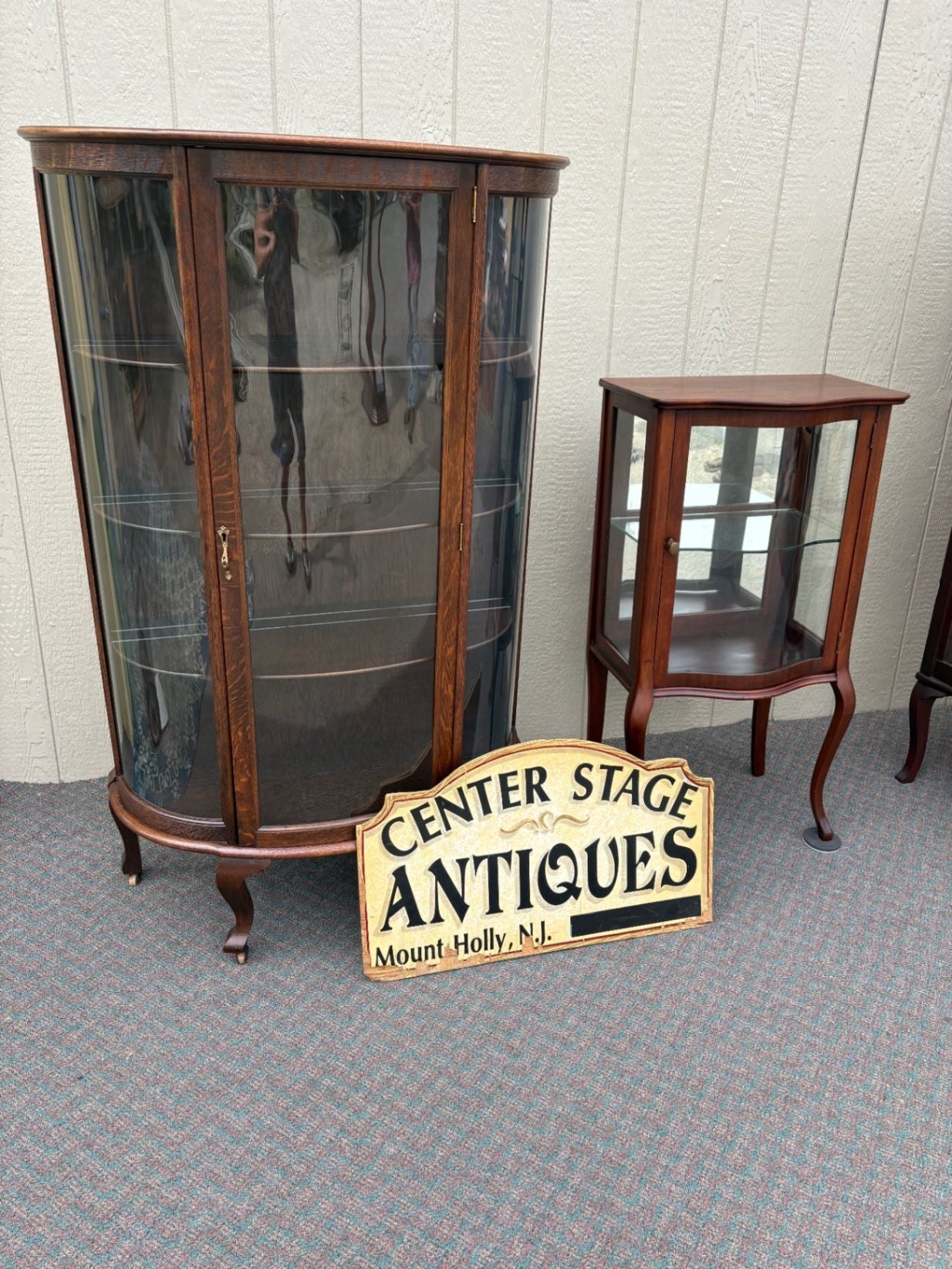 67680  Antique Bowed Oak China Cabinet with Glass Door Display