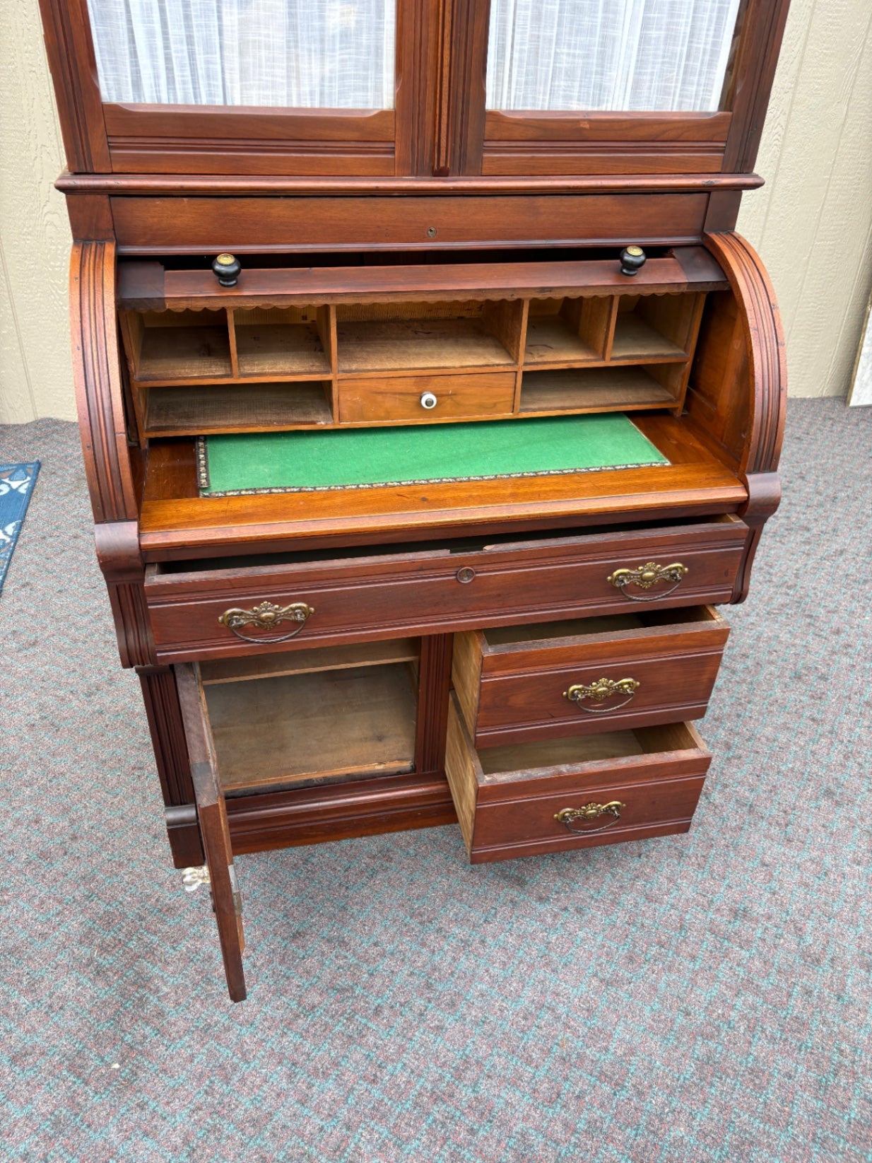 67934  Victorian Cylinder Secretary Desk with Display Cabinet