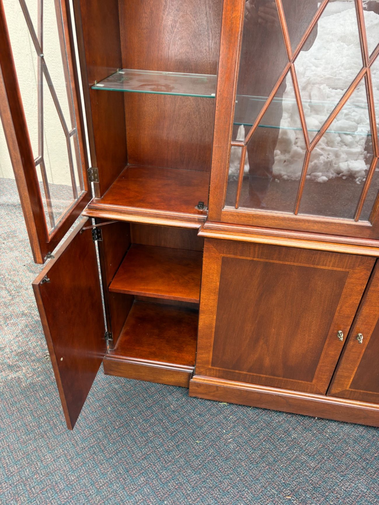 Baker Mahogany Breakfront China Cabinet with Glass Doors