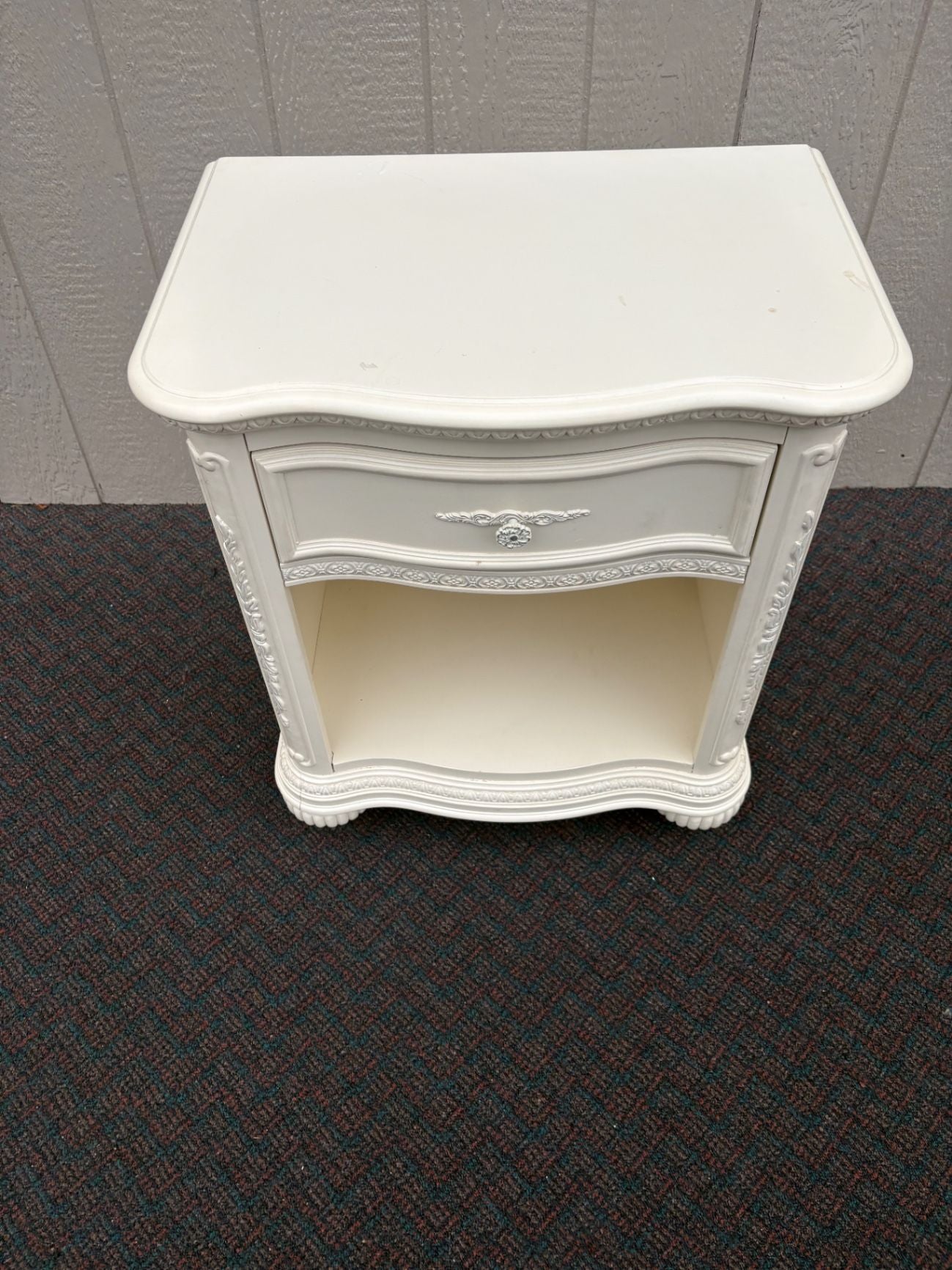 67552 French Provincial White Nightstand with Carved Details
