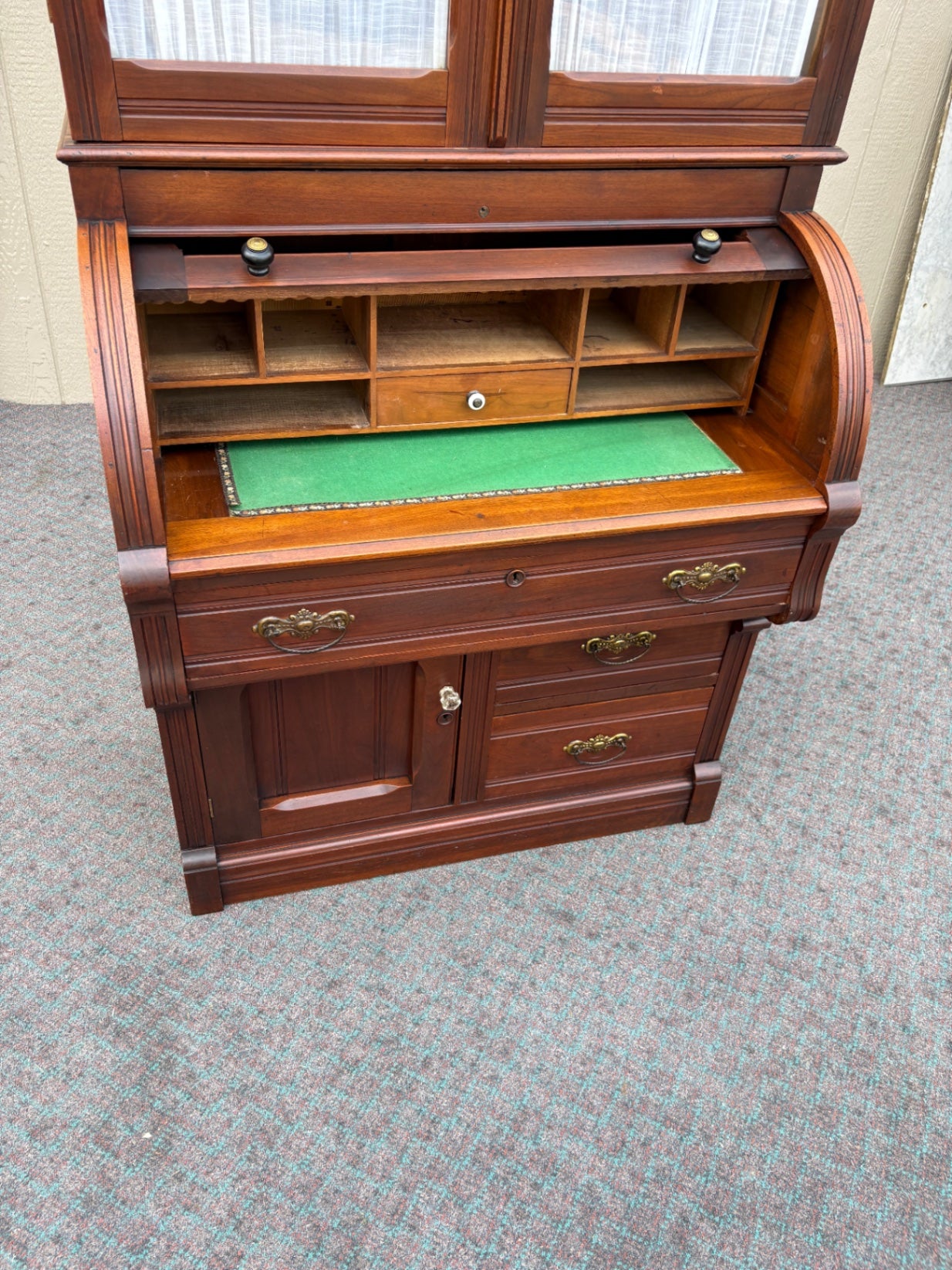 67934  Victorian Cylinder Secretary Desk with Display Cabinet