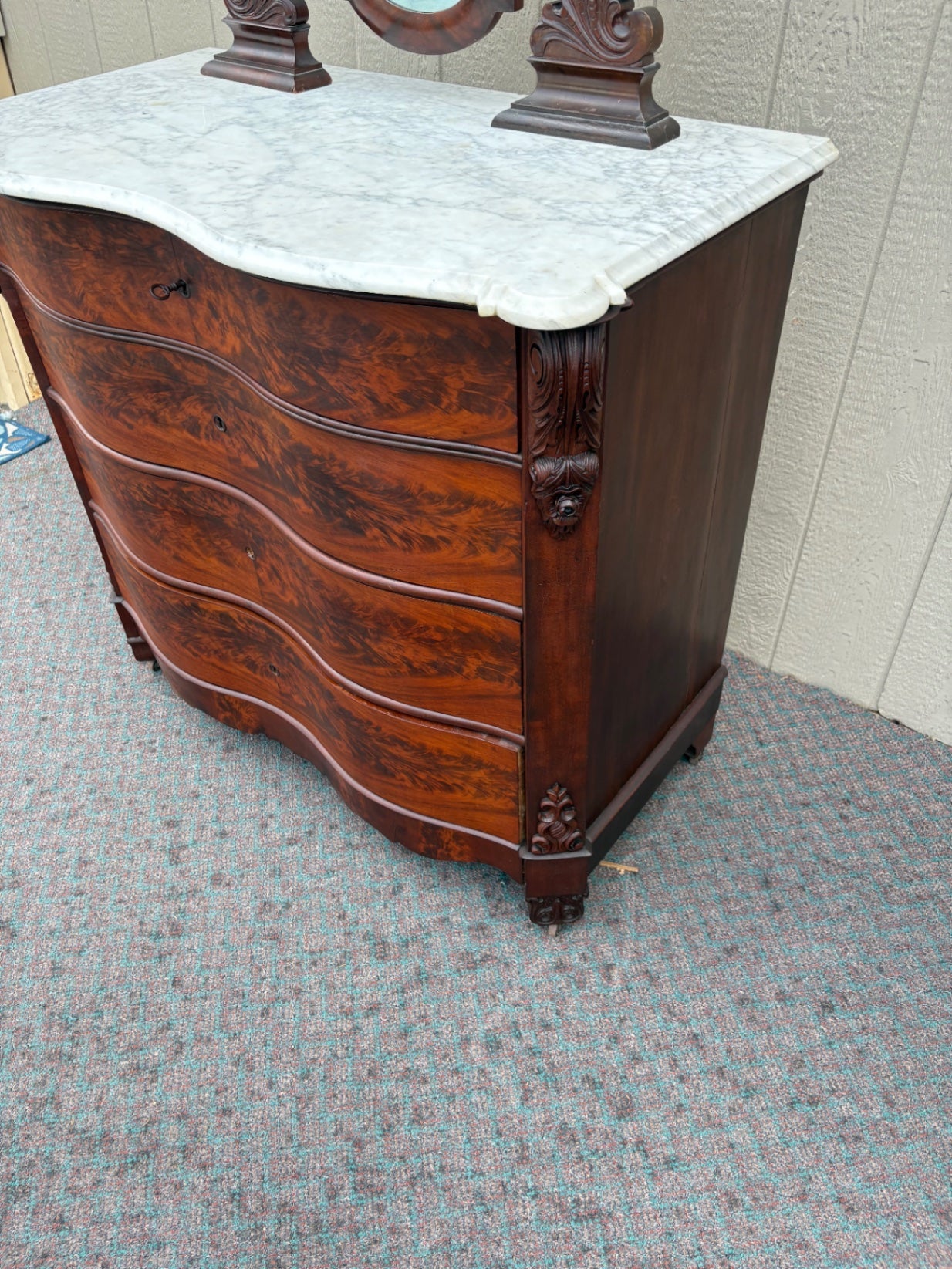 67937 Victorian Marble Top Dresser with Ornate Mirror and Carved Details