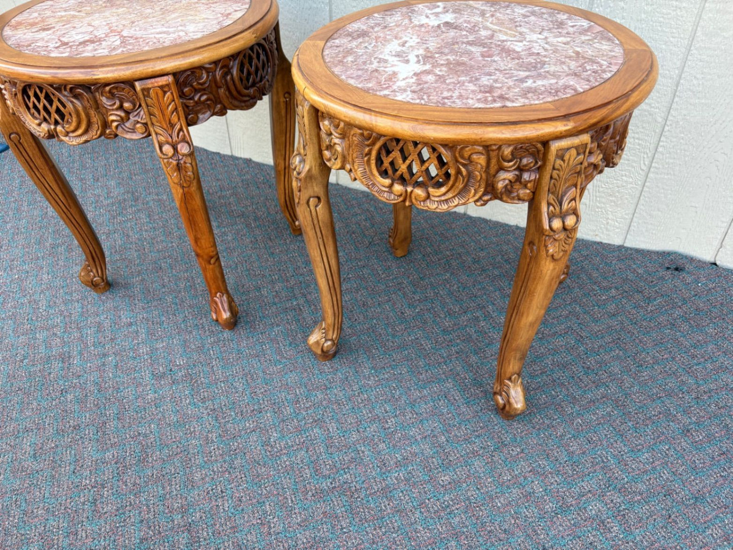 67604 Pair of Ornate Asian  Carved Wooden Tables with Marble Tops
