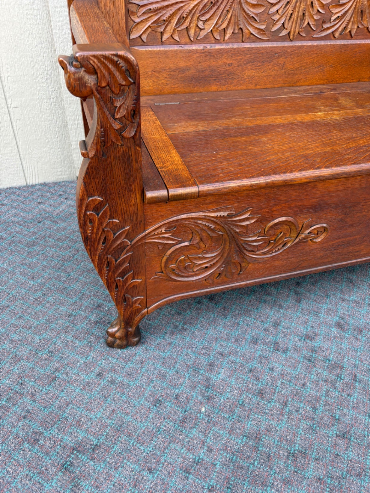 67891  Victorian Oak Carved Storage Bench with Lion Motif Details