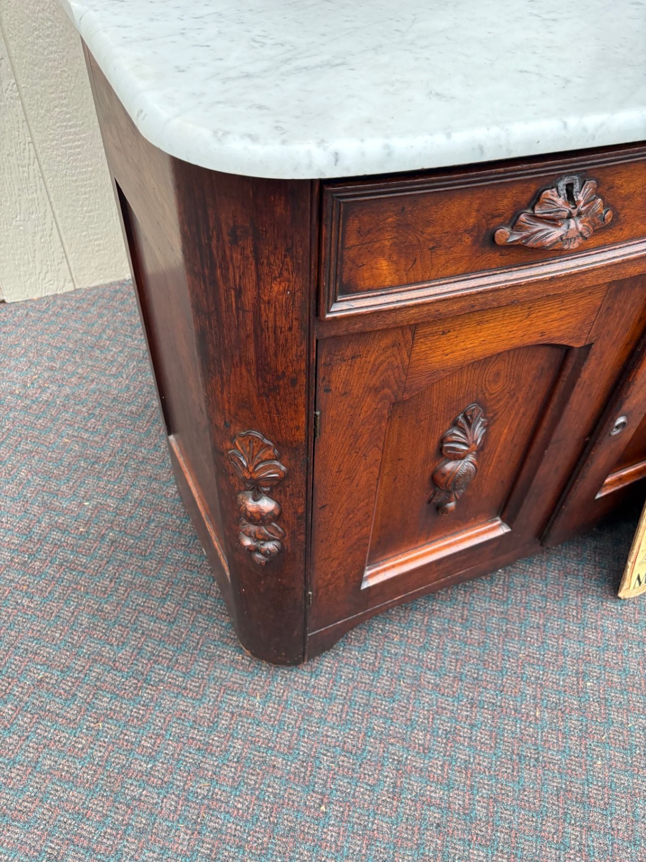 67622 Victorian Marble Top Buffet with Mirror and Ornate Carvings