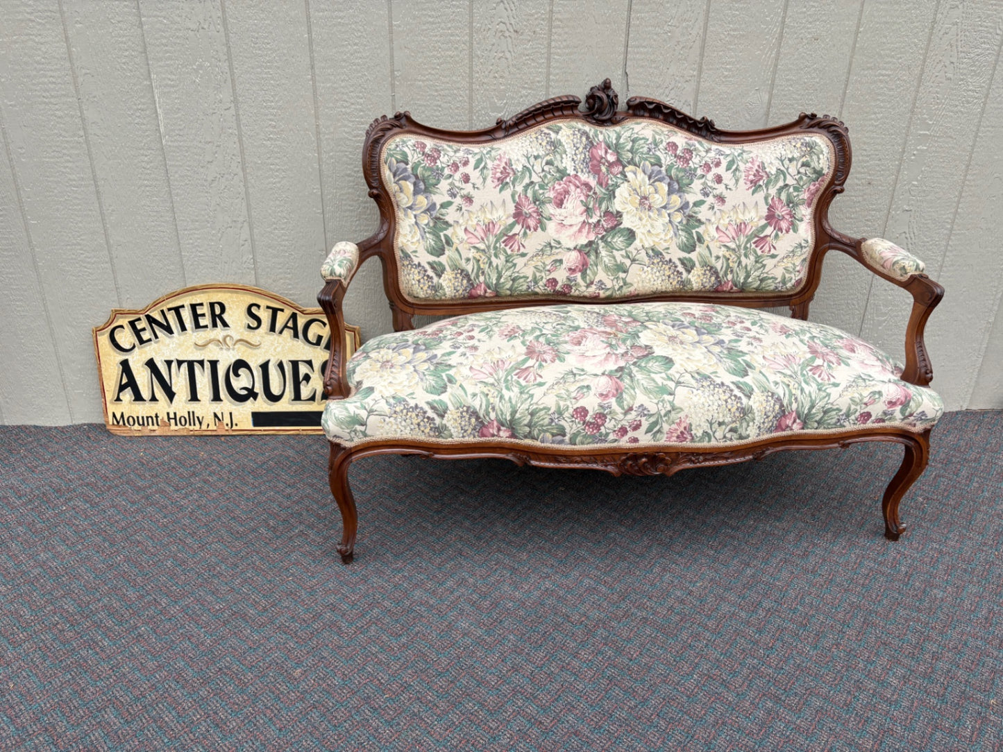 67710 Antique French Louis XV Style Loveseat with Floral Upholstery