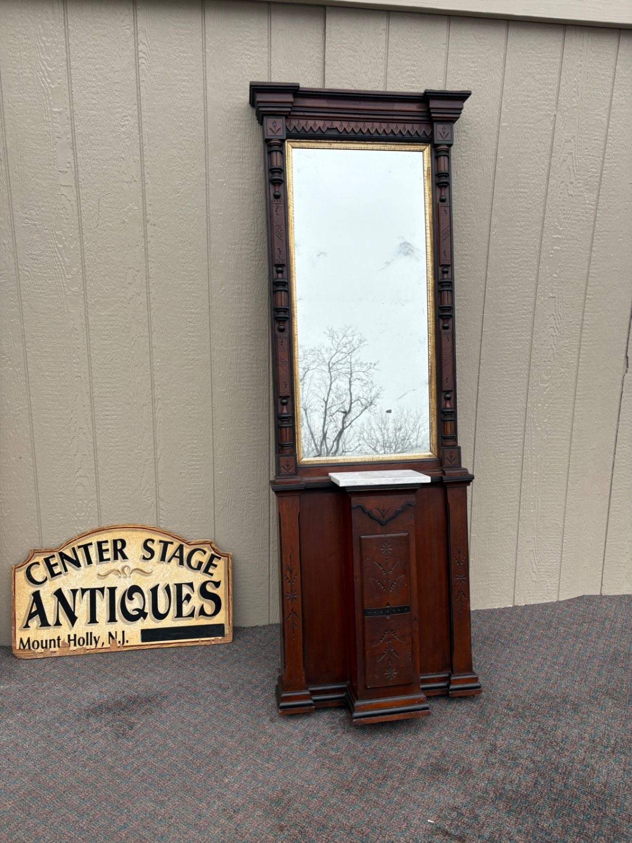 66659  Victorian Eastlake Pier Mirror with Marble Shelf, Walnut Wood