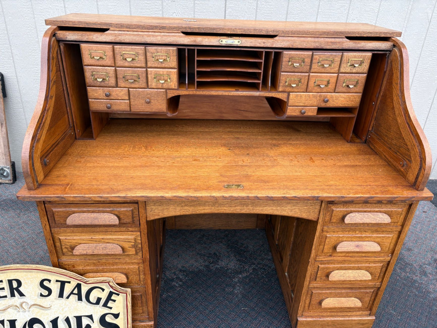 67465 Antique Oak Roll Top Desk, Early 1900s, Solid Oak